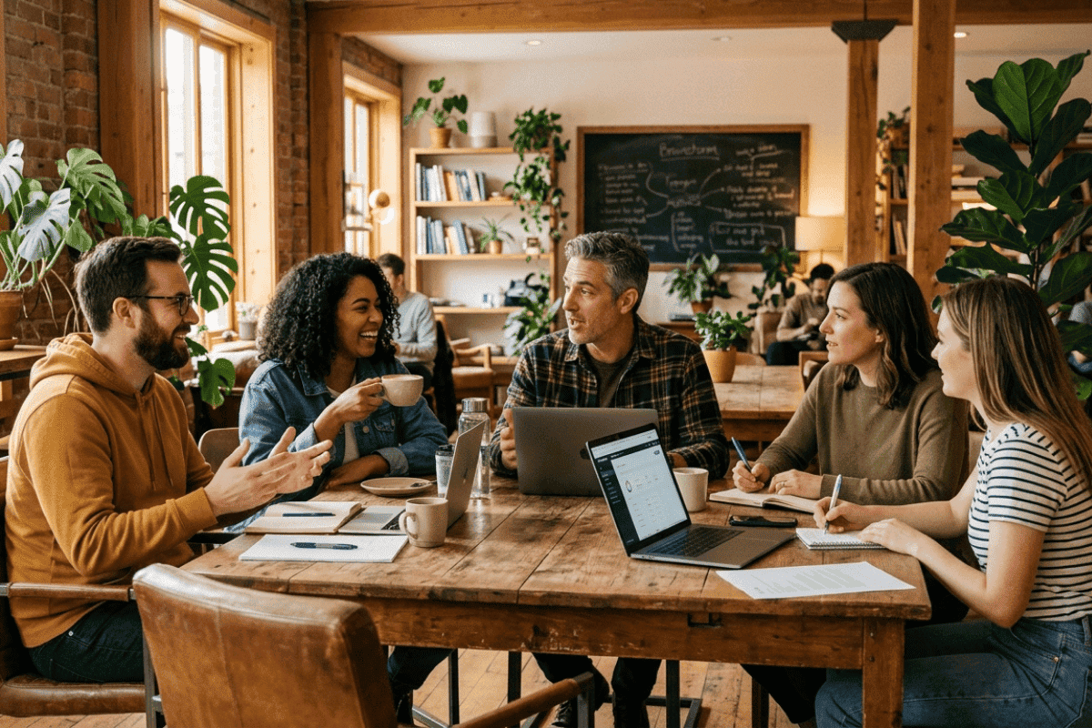 Five people sit around a wooden table in a cosy, plant-filled café, discussing SME health insurance. talking about topics like health insurance over 50. Laptops, notebooks, and coffee cups are scattered on the table, with a chalkboard of notes in the background.