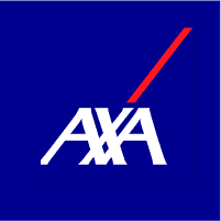 AXA logo with white lettering on a dark blue background and a red diagonal line.