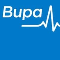 Bupa logo featuring white text and a heartbeat line on a blue background.