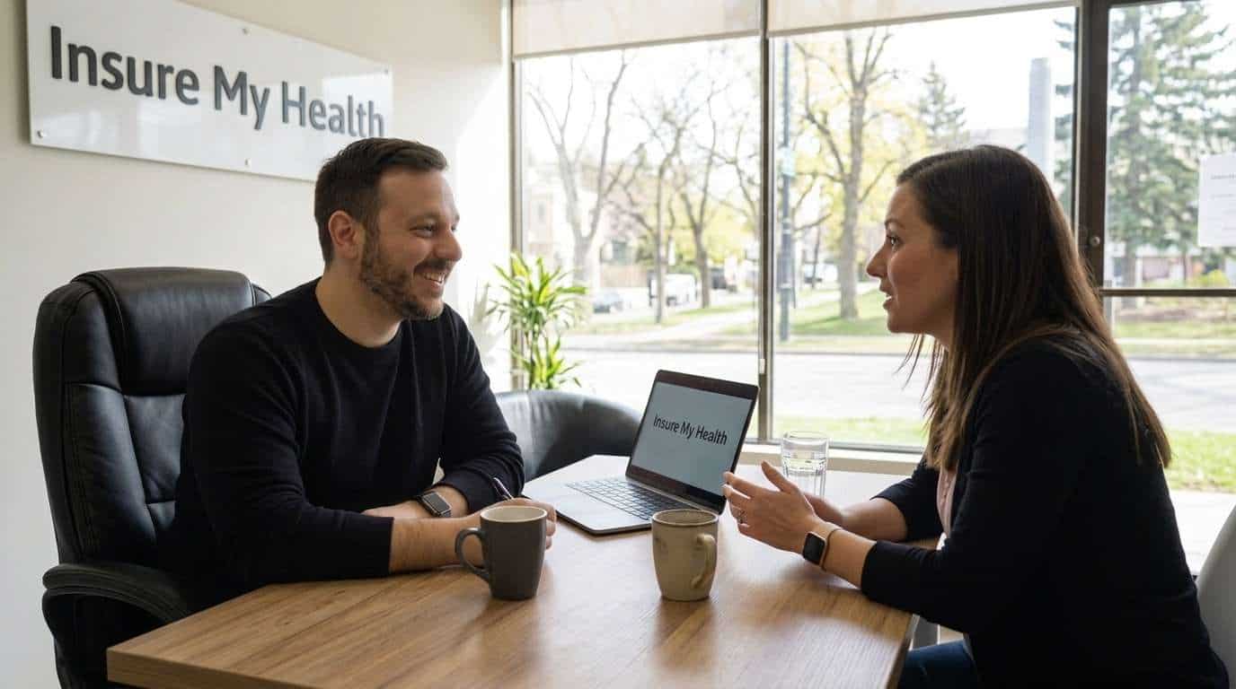 Two people sit at a table in an office with a sign that reads Insure My Health. They are talking, with a laptop and coffee mugs on the table, and large windows in the background.