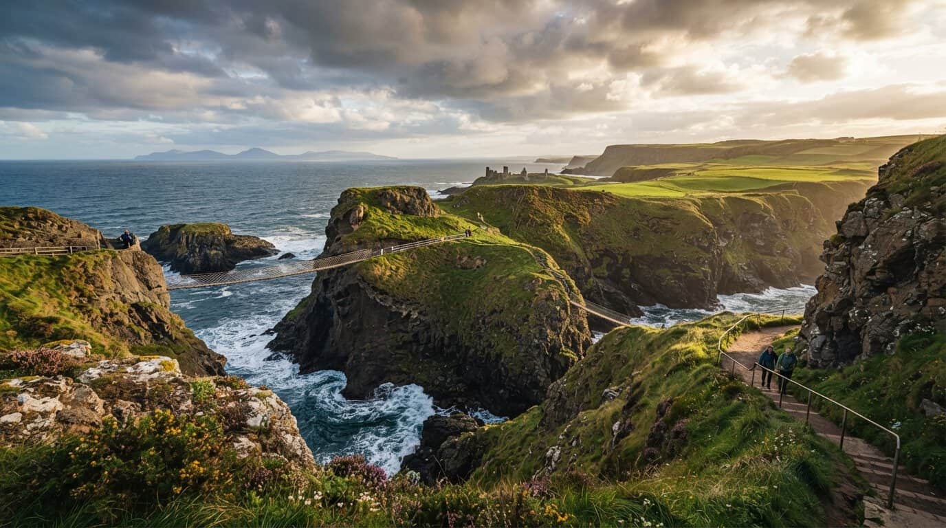 A rope bridge spans rocky cliffs over the sea, with dramatic clouds, green grassy hills, and distant islands under a golden sunset.To portray health insurance in Northern Ireland