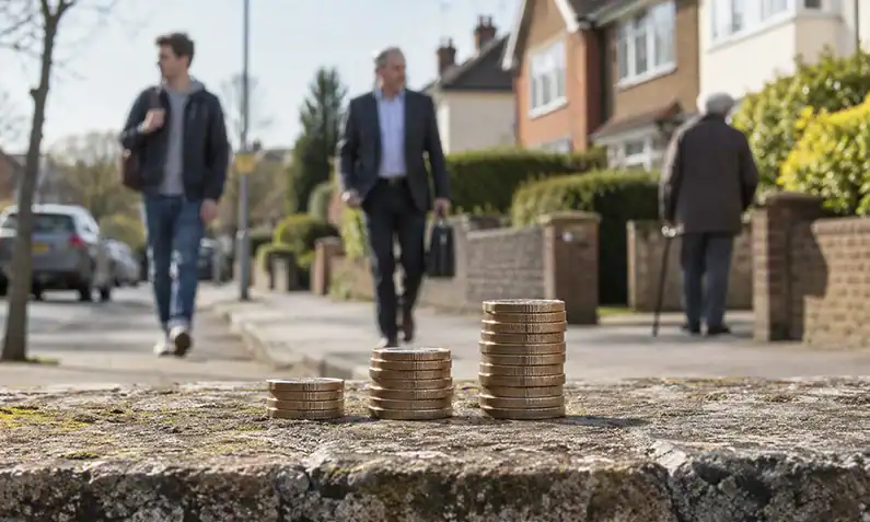 Three stacks of coins of varying heights sit on a stone ledge in the foreground, with people walking on a residential street in the blurred background.