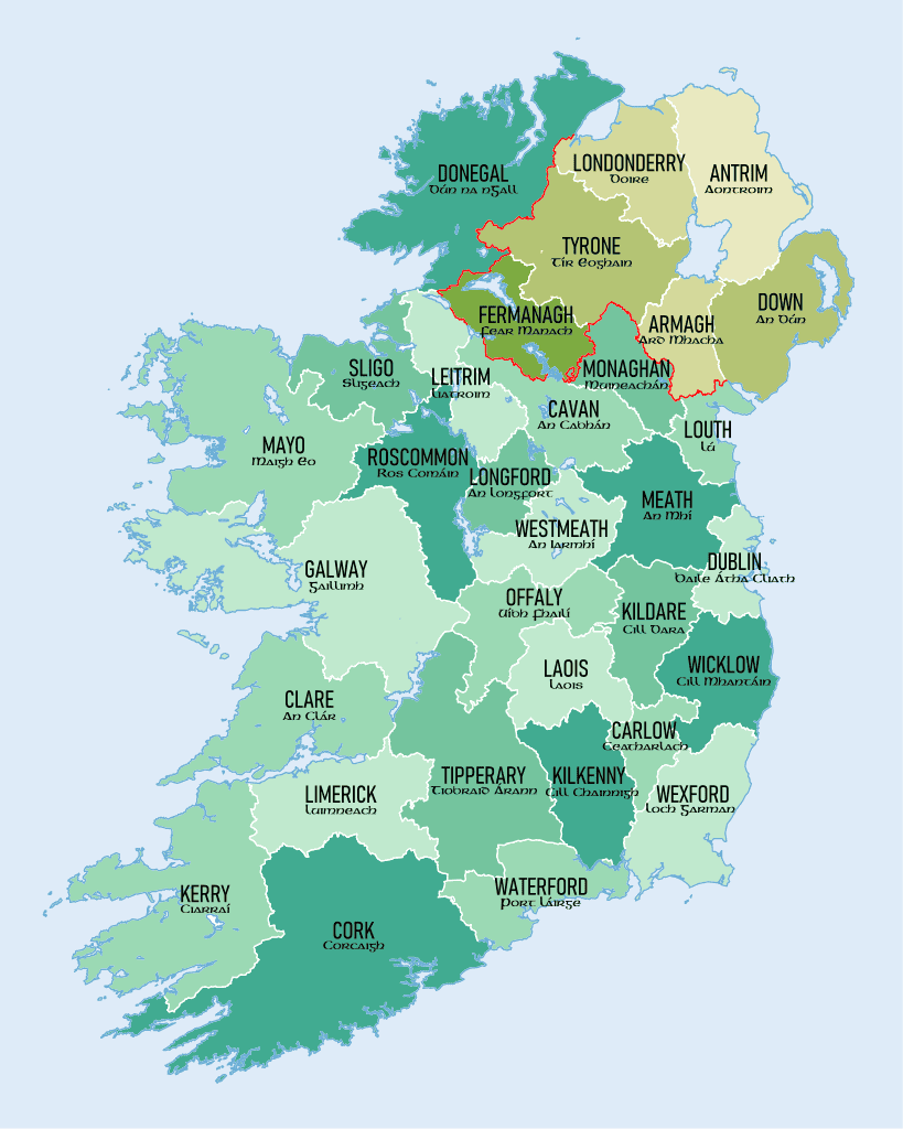 Ireland map highlighting counties and regional divisions.
