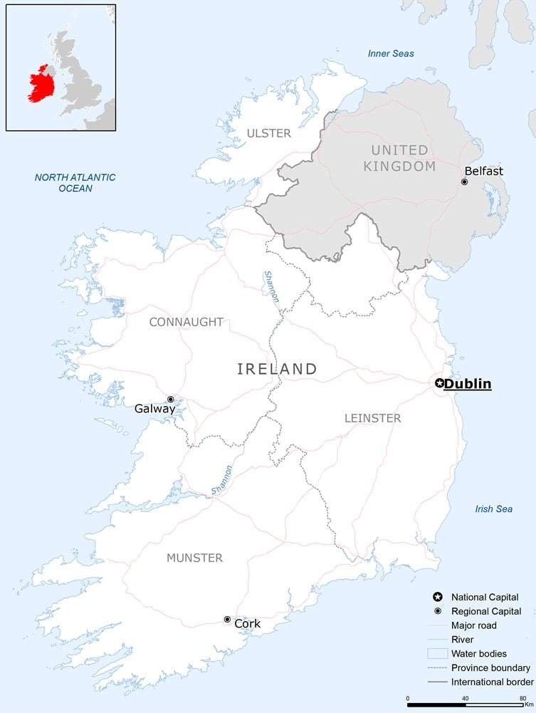 Ireland map highlighting counties and major cities.