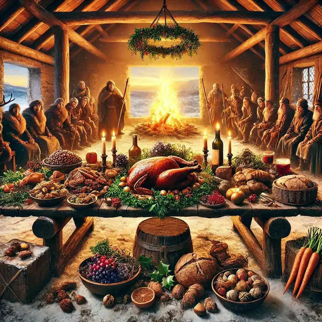 Feast at a traditional Irish Christmas table with a roaring fire, rich decorations, and festive food display.