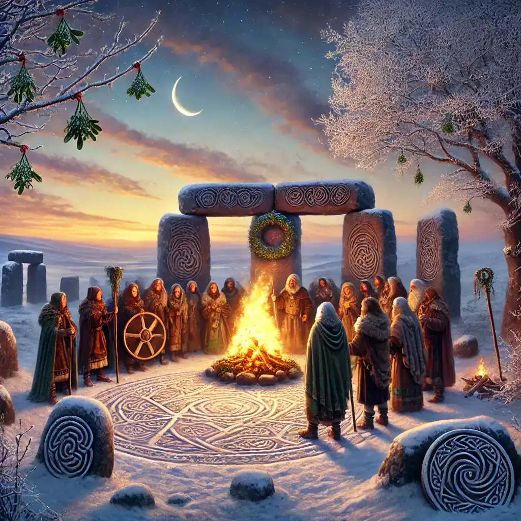 Ancient Irish ceremony around a bonfire at dawn in a snowy landscape.
