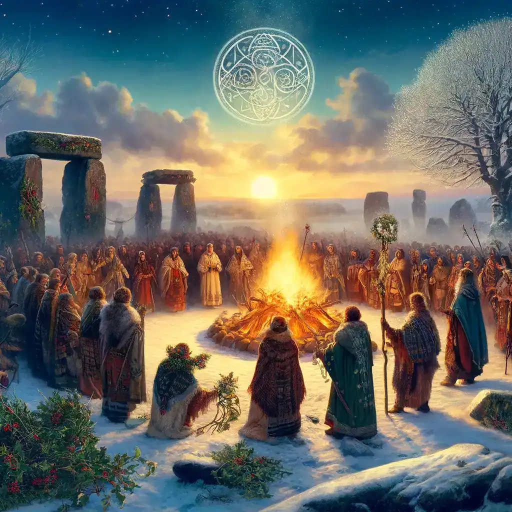 Ancient Irish winter solstice celebration around a bonfire at sunrise.