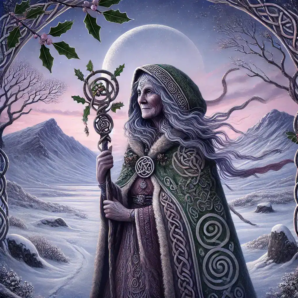 Ancient Irish druid woman in a snowy mountainscape at night with full moon.