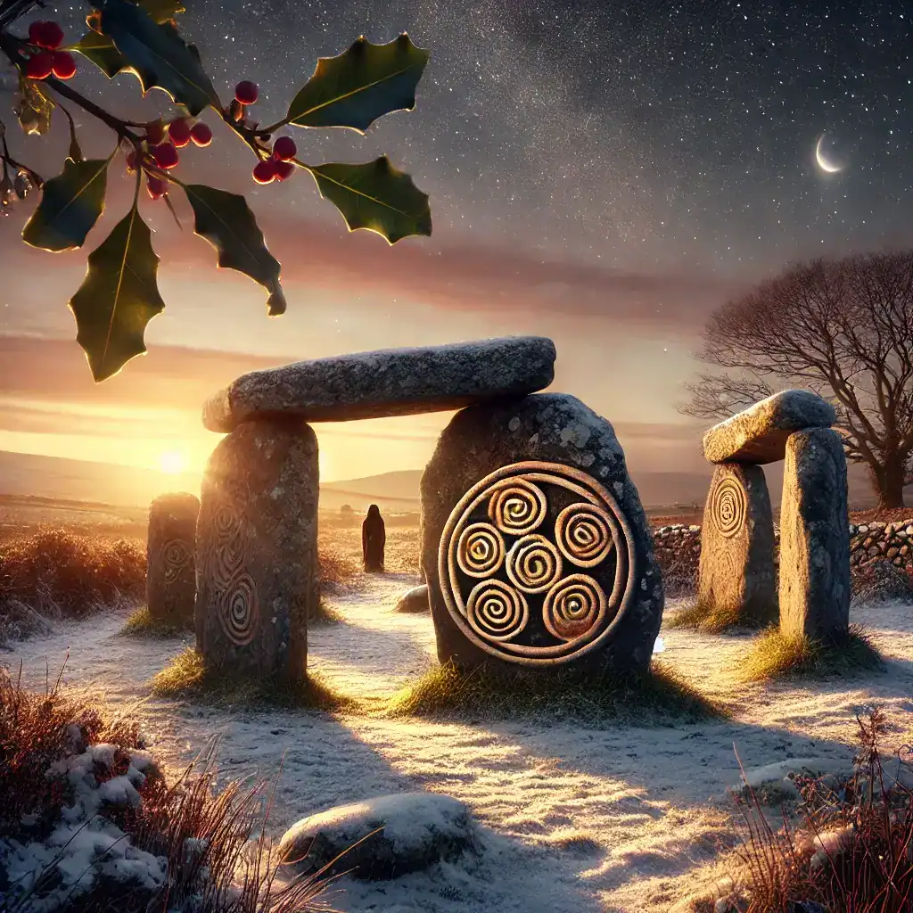 Stone circle with spiral carvings under a starry night sky in Ireland, during winter with snow and a crescent moon glowing overhead.