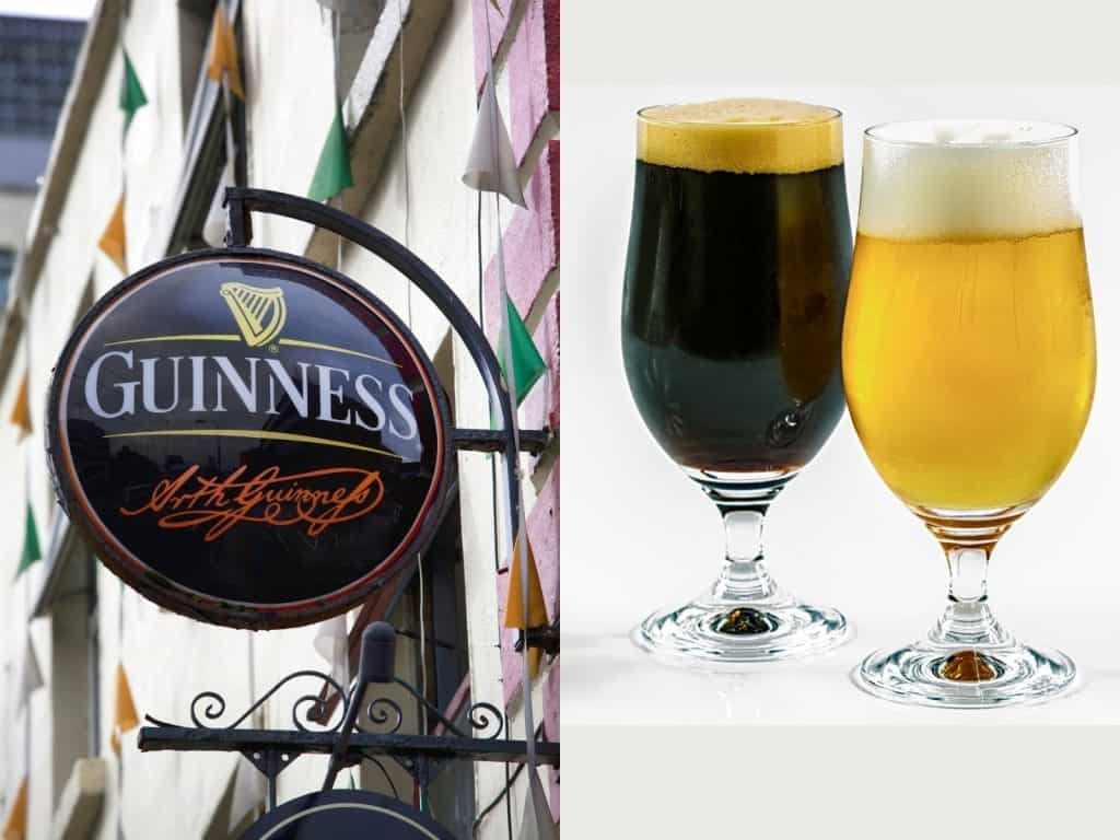 Guinness sign outside a pub in Ireland, with two glasses of dark stout and pale ale, celebrating Irish beer culture.