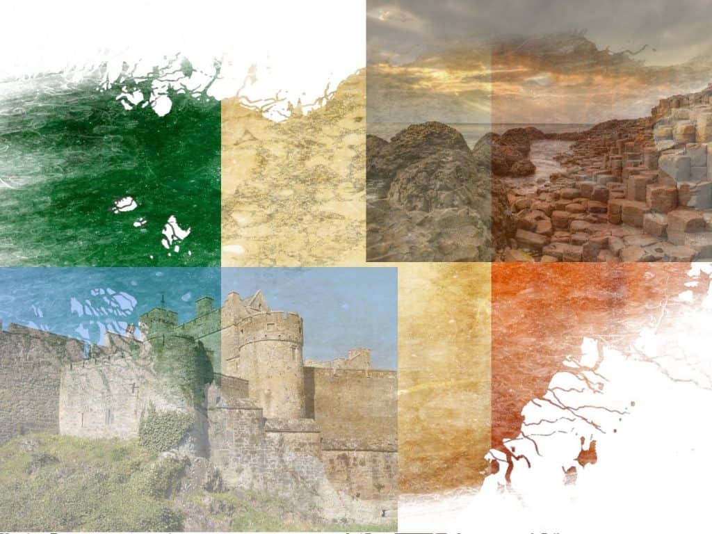 Vivid collage of Irish landscapes blending water, coastlines, castles, and historical sites with the Irish flag colors.