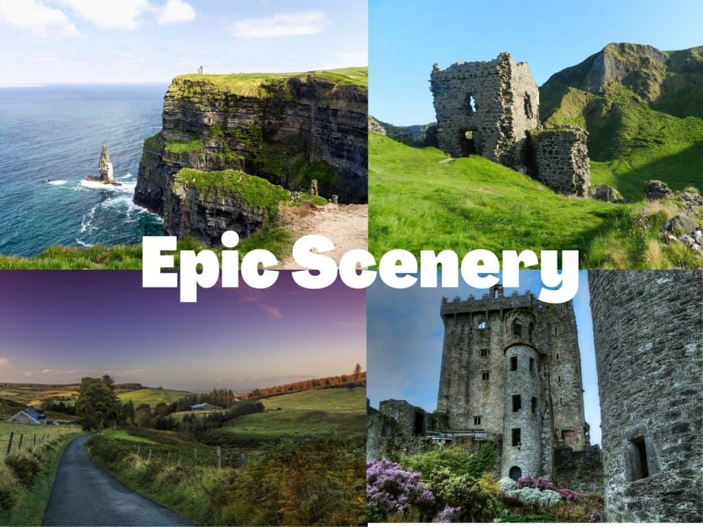 Stunning Irish coastal cliffs with sea stacks and lush green hills.