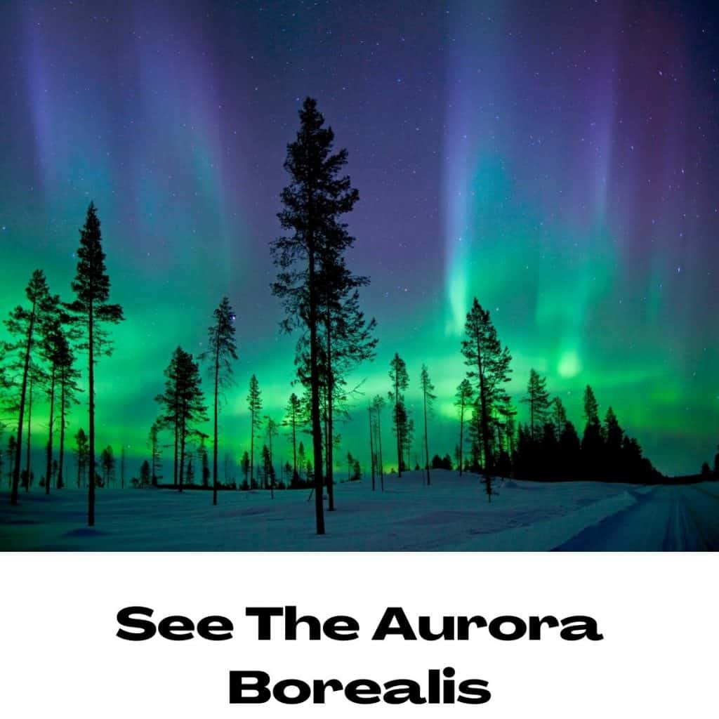 Vivid northern lights dancing over a snowy forest in Ireland.