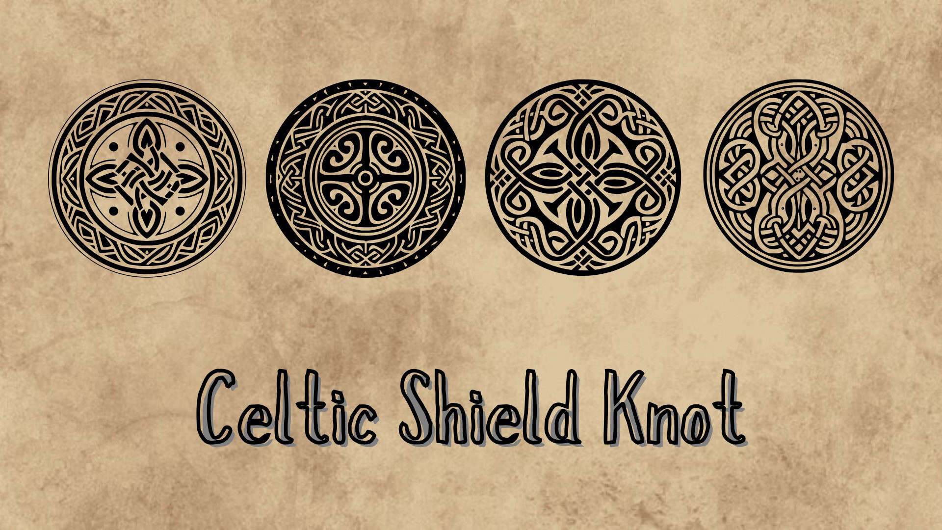 Intricate Celtic shield knot designs in black on textured beige background.