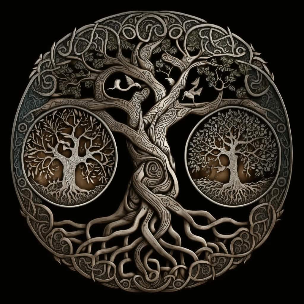 Intricate Celtic-style tree of life art with animals and detailed roots.