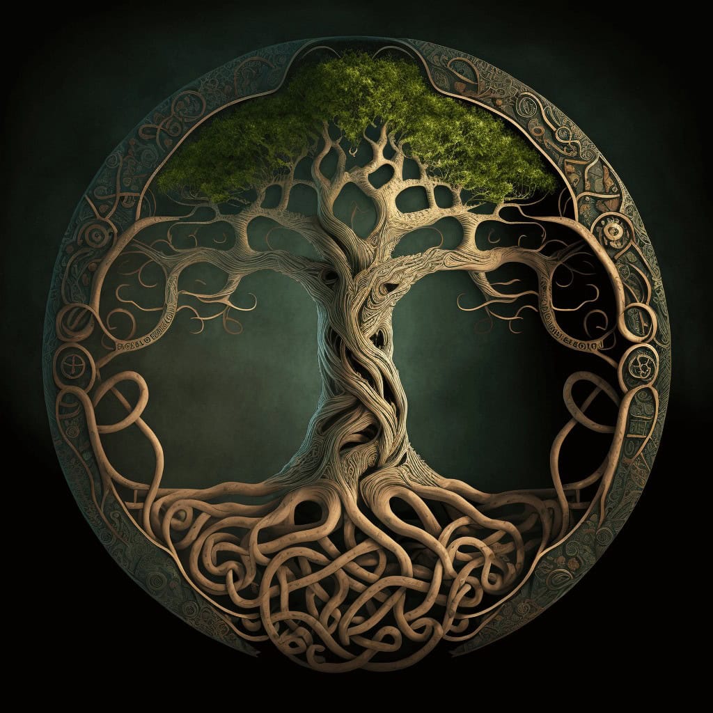 Ancient Celtic-inspired tree artwork with intricate patterns and roots.