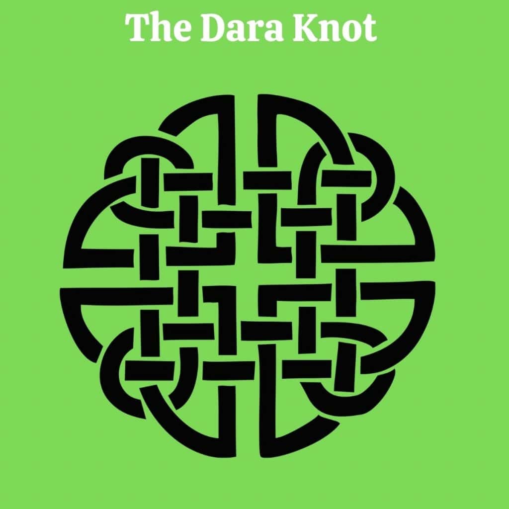 Intricate black Celtic Dara Knot symbol on vibrant green background.