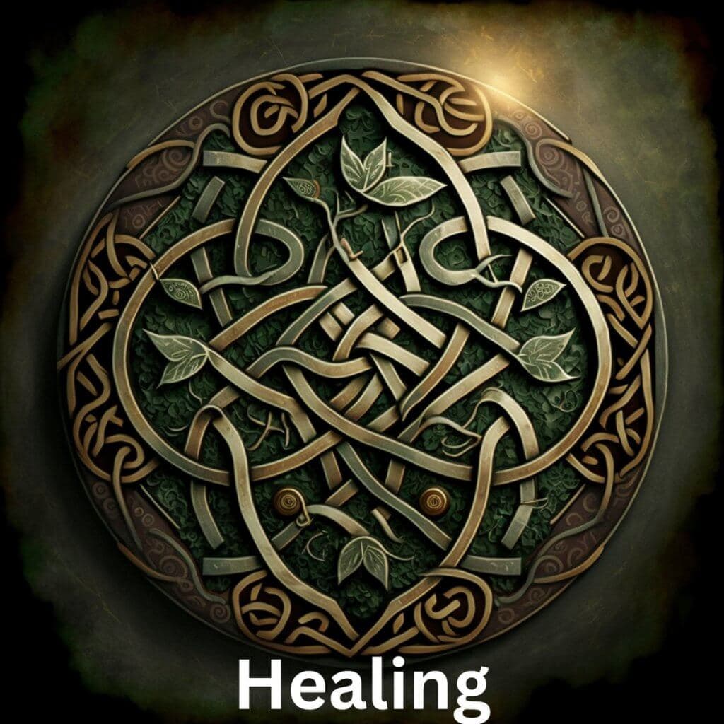 Intricate Celtic knot design with leaves symbolizing healing and nature.