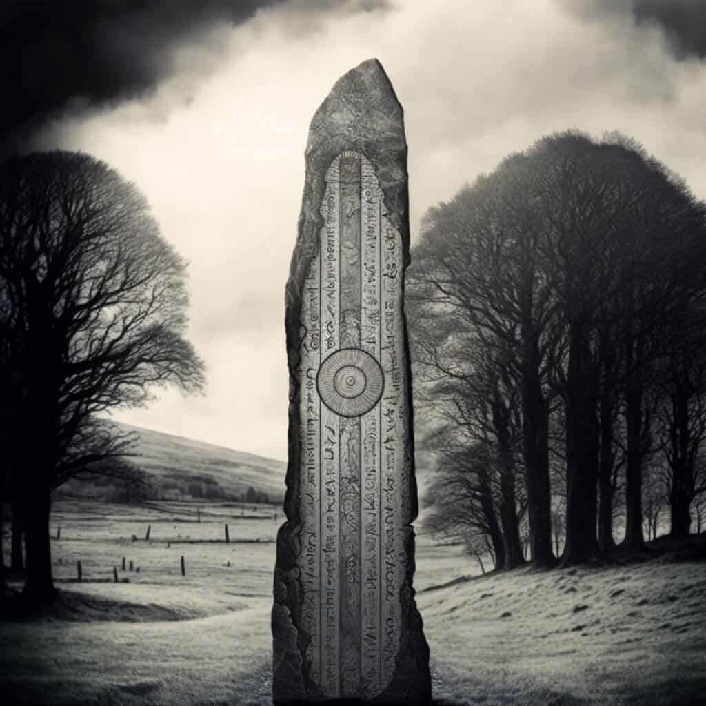 Stone monolith with ancient carvings in Irish landscape, surrounded by leafless trees, in black and white.
