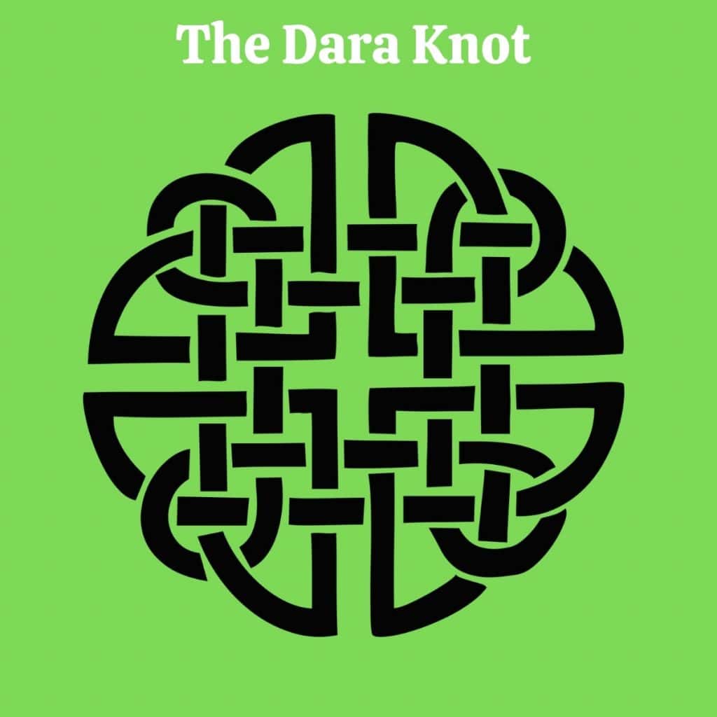 Intricate black Celtic Dara Knot on vibrant green background.