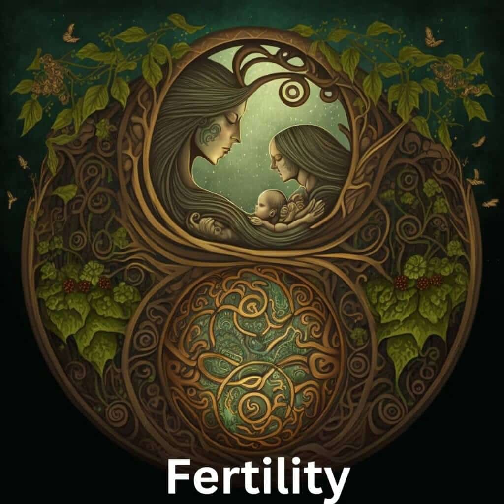 Delicate illustration of motherhood symbolizing fertility, surrounded by intricate Celtic knot designs and lush Irish greenery.