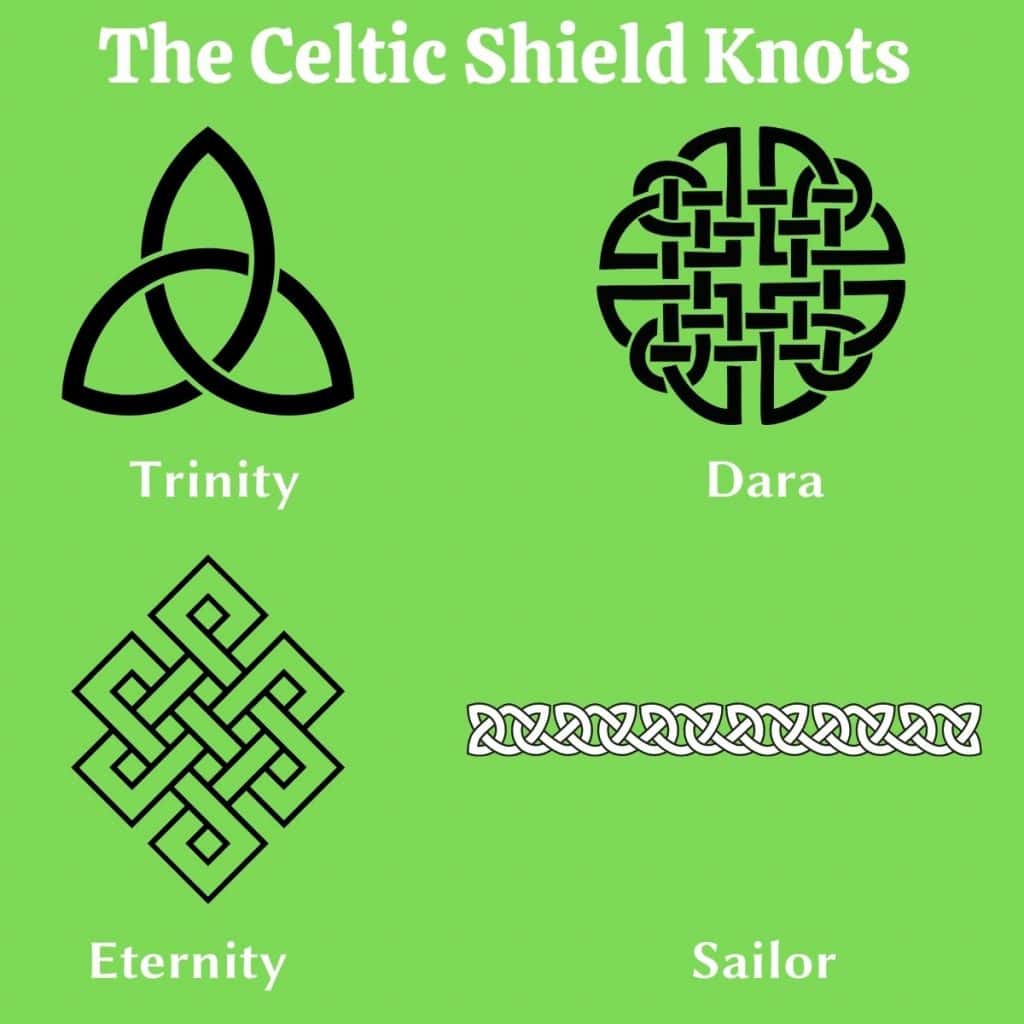 Intricate Celtic shield knots with traditional Irish designs on a green background.