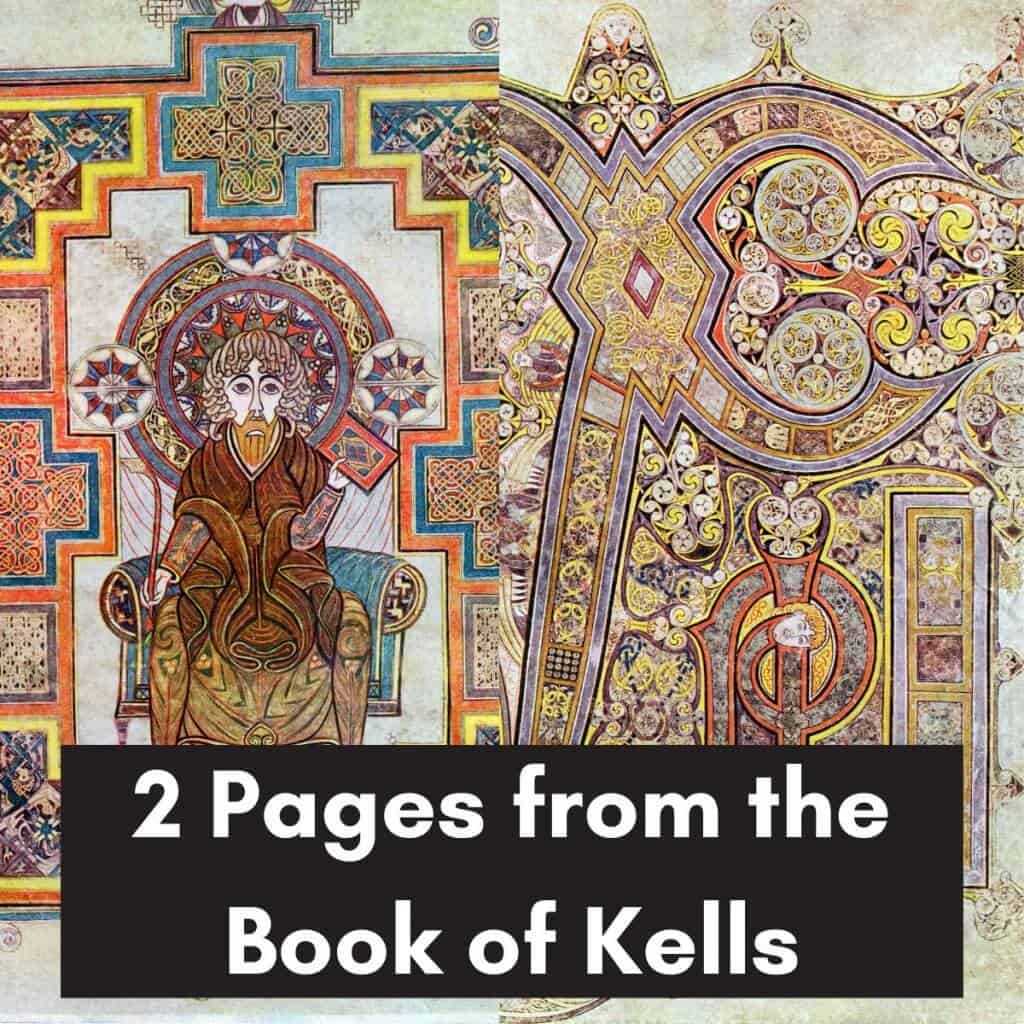 Intricate Kells manuscript illustrations with vibrant colors and detailed patterns.