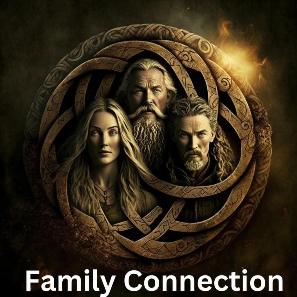 Ancient-themed fantasy family portrait with Nordic design elements.
