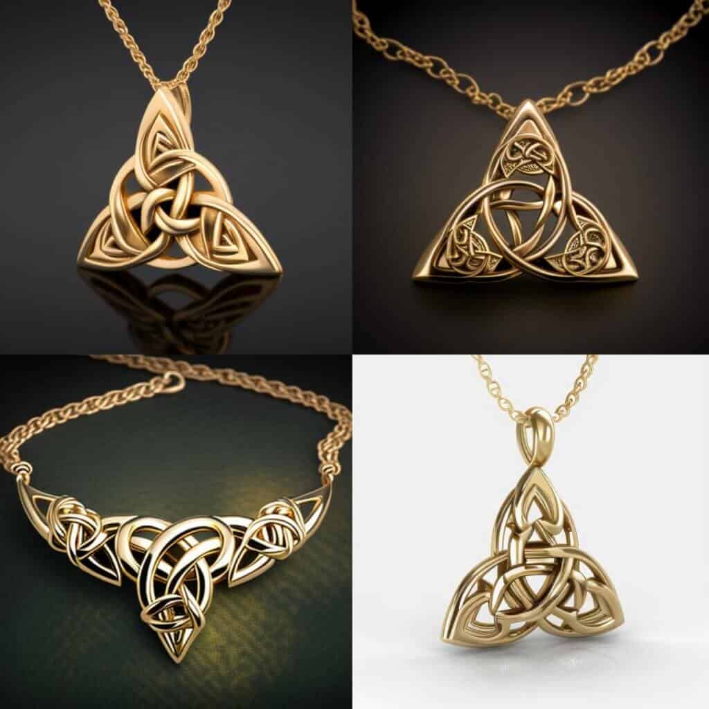 Intricate Celtic gold jewelry necklaces and pendants with knotwork designs.
