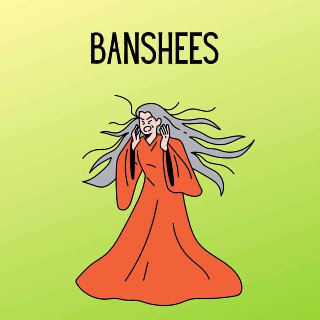 Banshees illustration, spooky Irish folklore character, with long gray hair and red dress.