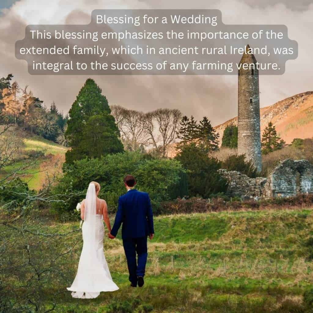 Beautiful Irish wedding scene with a historic tower in a lush rural landscape.