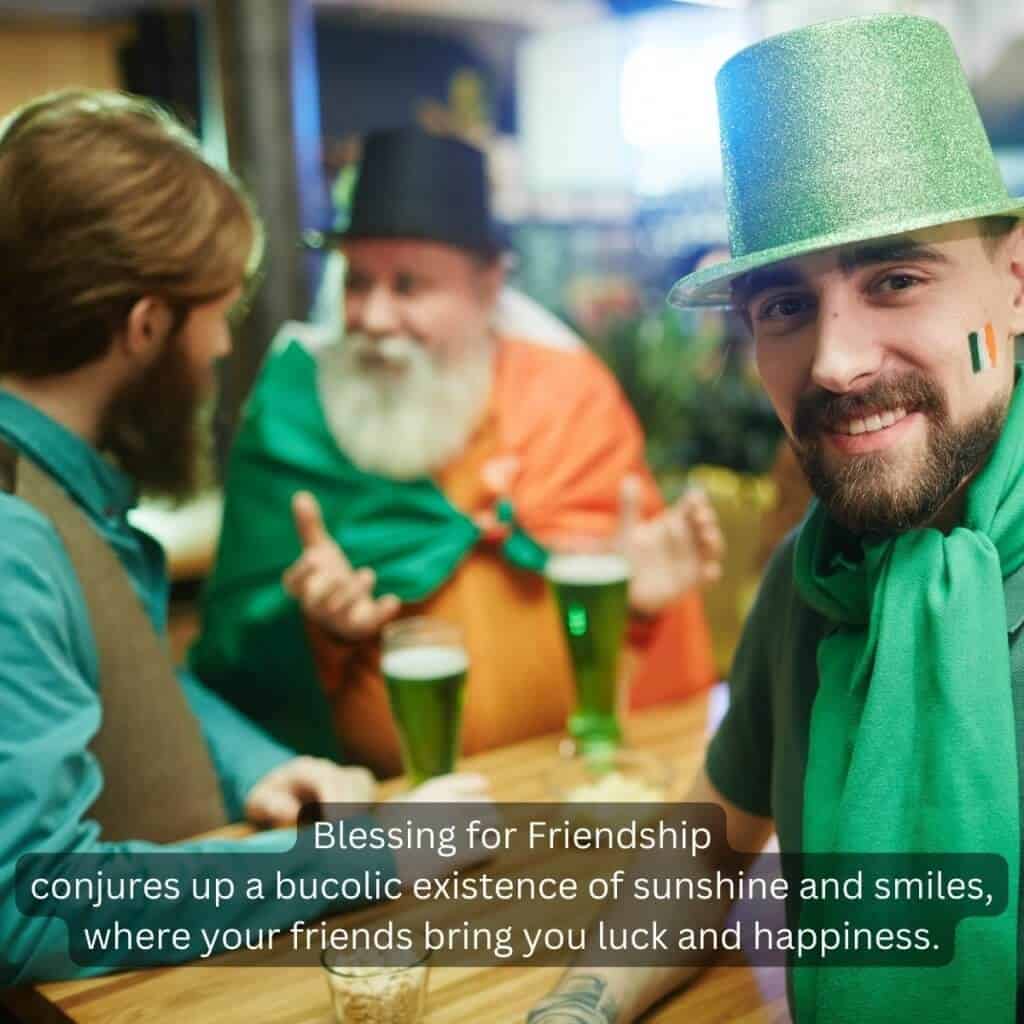 Happy friends celebrating St. Patrick's Day with green attire and Irish flags in a pub.