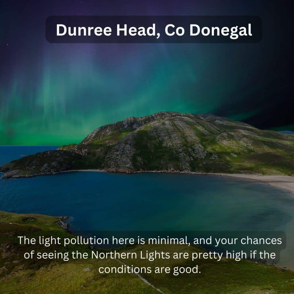 Northern Lights over Dunree Head, Co Donegal, Ireland landscape under aurora borealis.