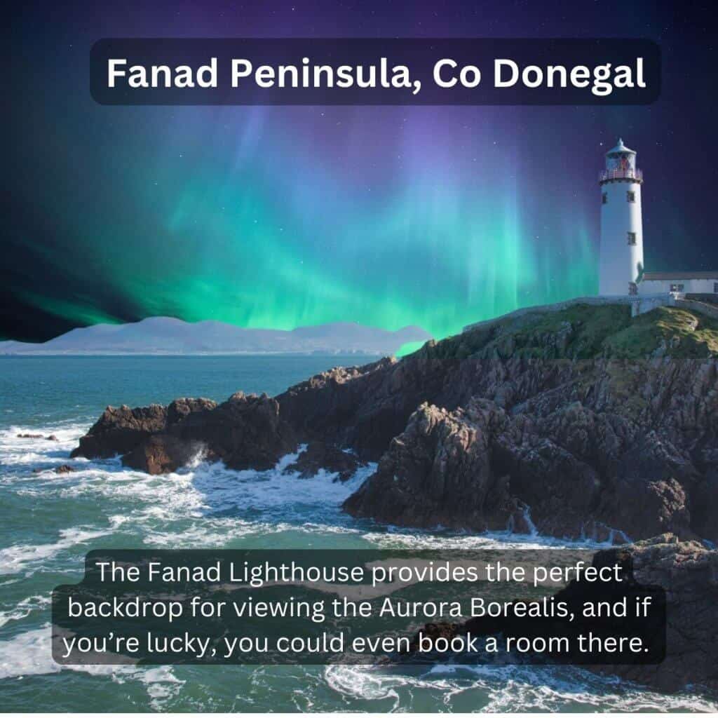 Northern Lights over Fanad Lighthouse on the Donegal coast, illuminated by the Aurora Borealis.