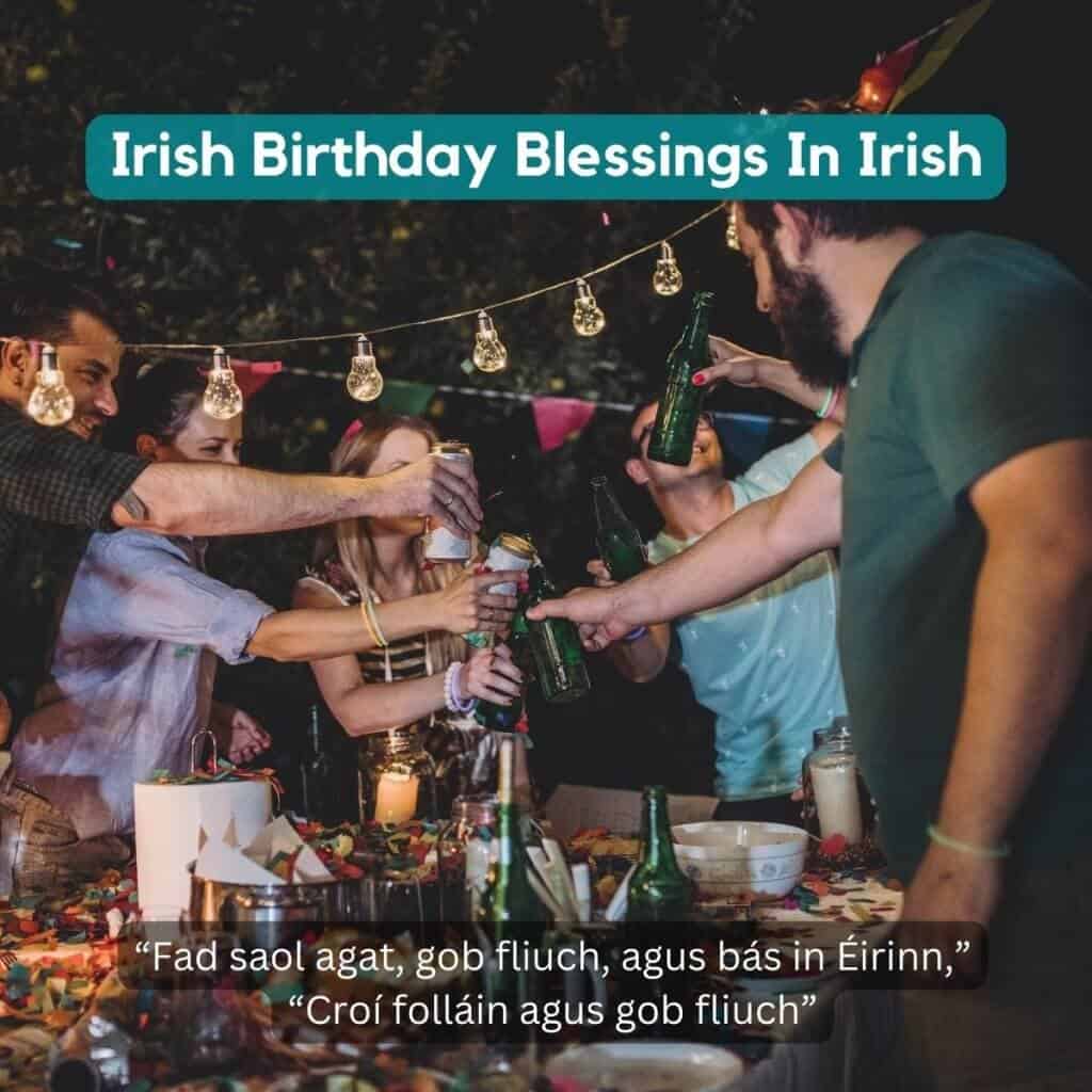 Cheerful group celebrating Irish birthday with drinks at outdoor party.
