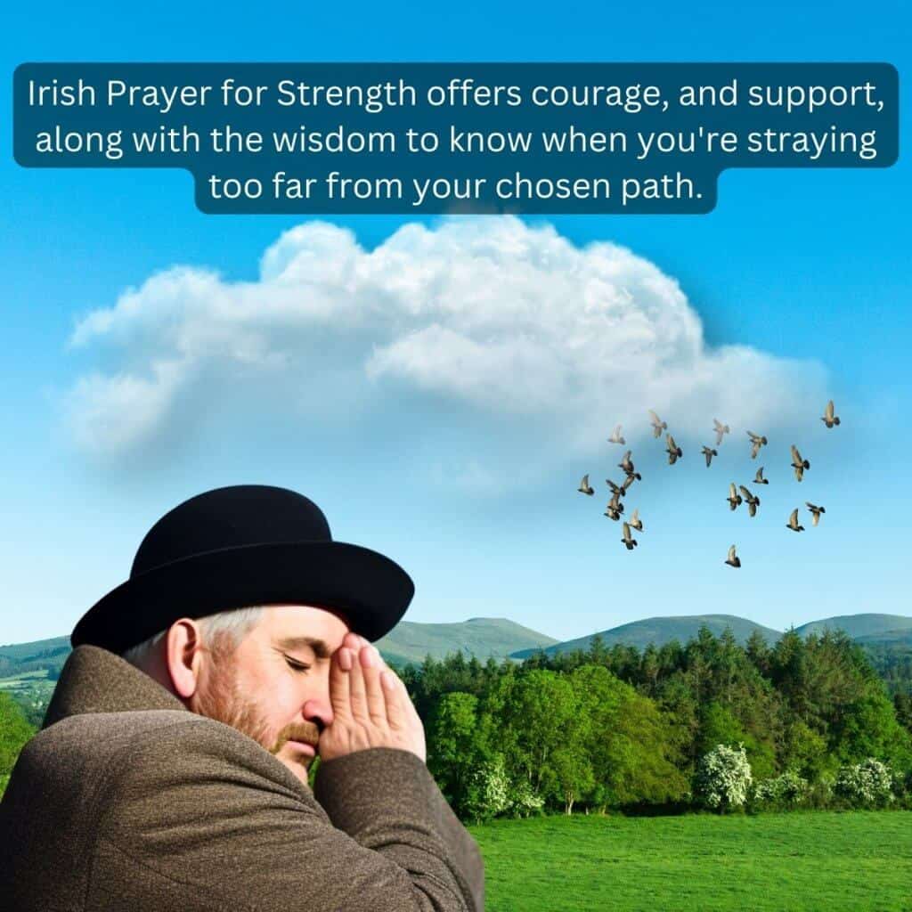 Calm man praying outdoors in Irish countryside during daytime.