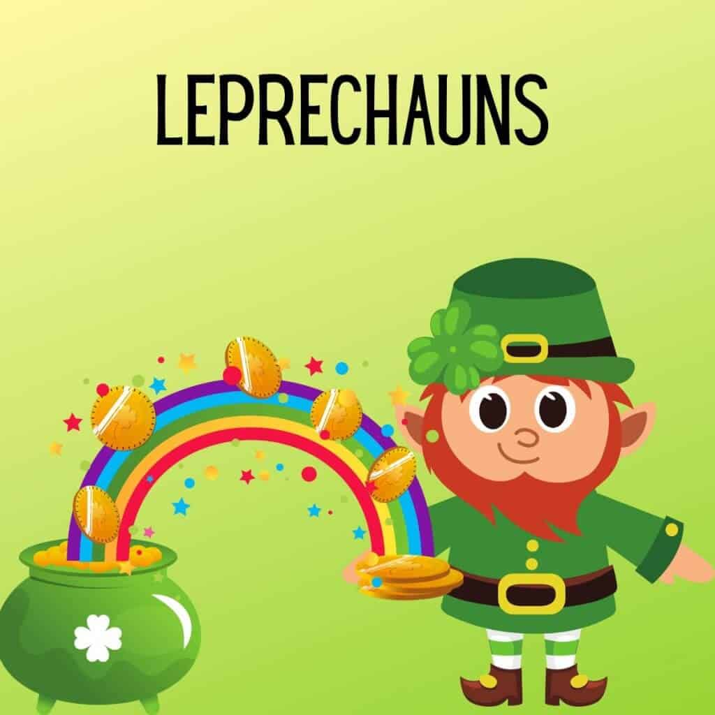 Bright cartoon leprechaun with rainbow and pot of gold, celebrating Irish culture.