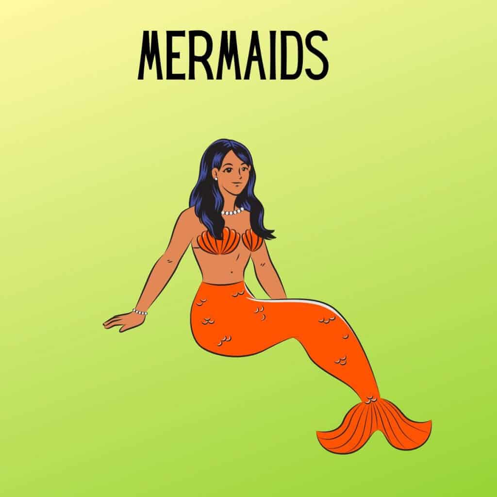 Mermaid illustration with long dark hair and orange tail, swimming gracefully.