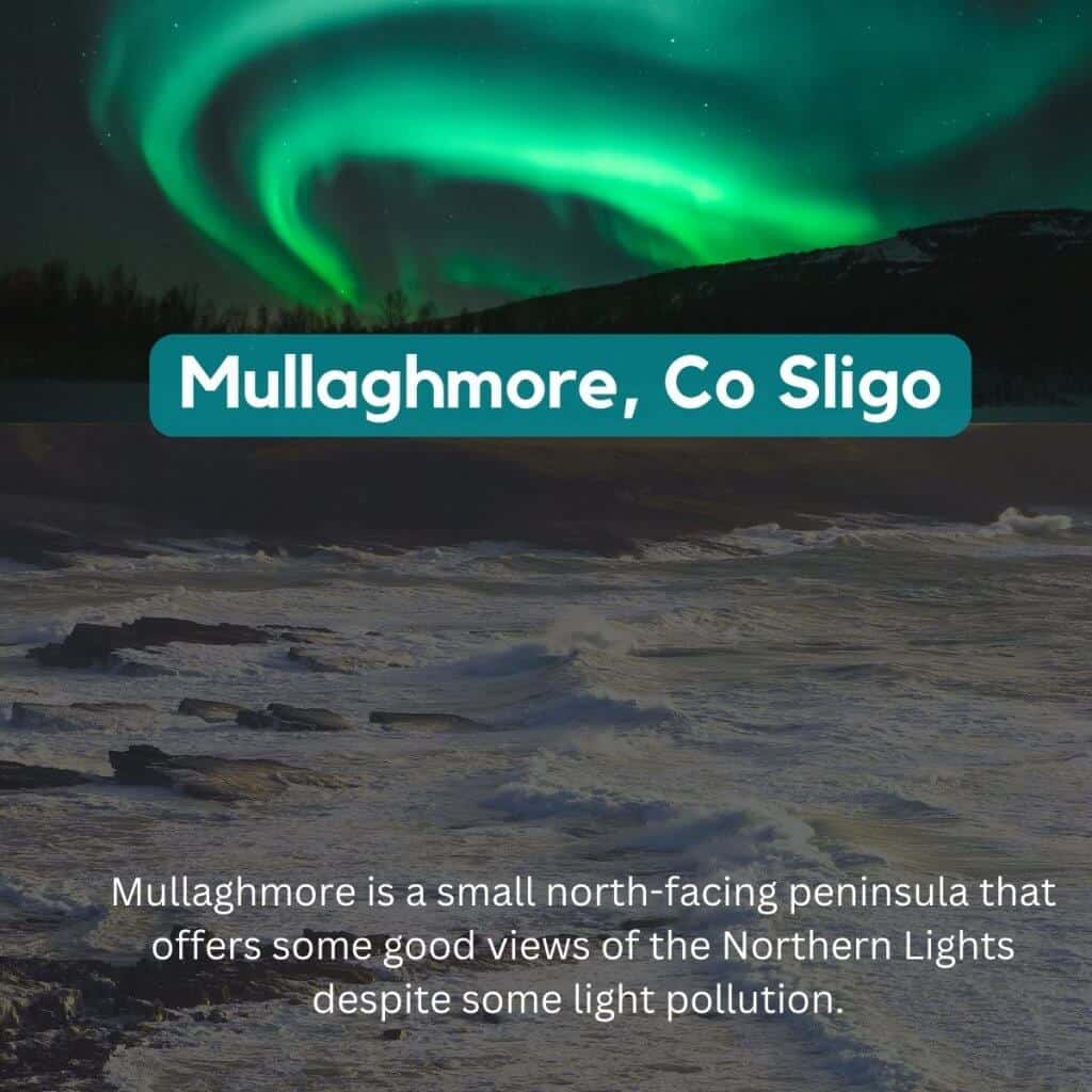 Mullaghmore co sligo northern lights display over ocean coastline.