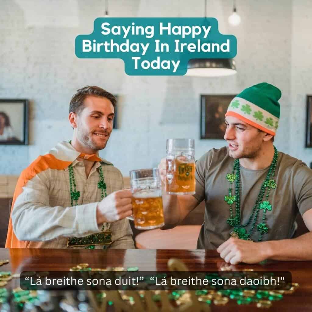 Cheers of two men celebrating St. Patrick's Day in Ireland, festive Irish attire with shamrock decorations.