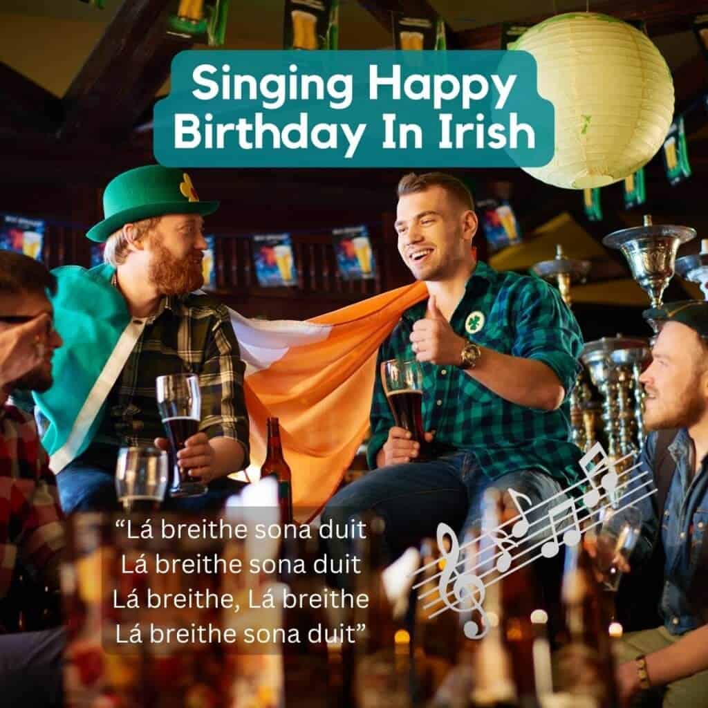 St. Patrick's Day celebration with people in Irish costumes, singing and enjoying drinks in a cozy pub.