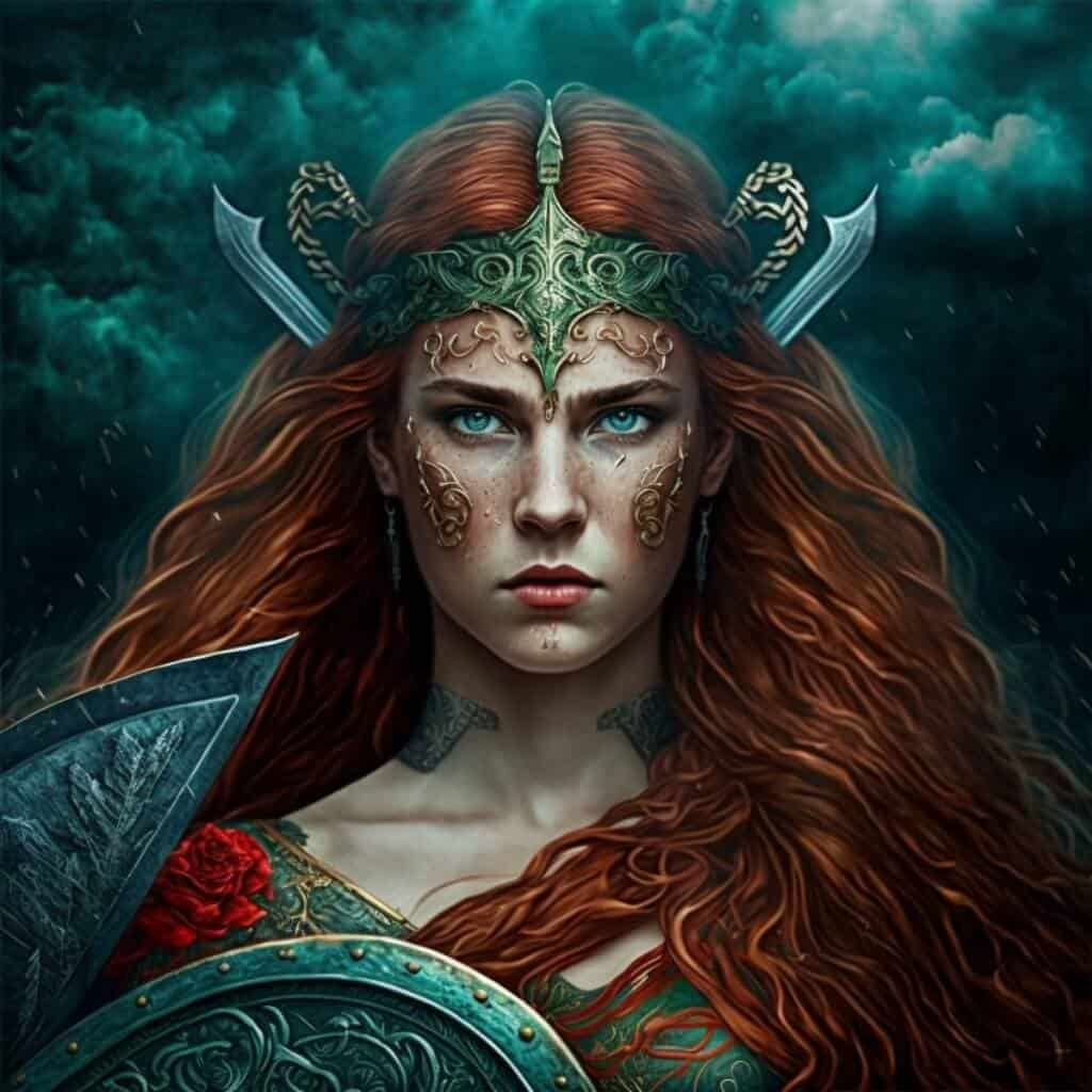 Powerful fantasy warrior woman with red hair and ornate armor in stormy sky.