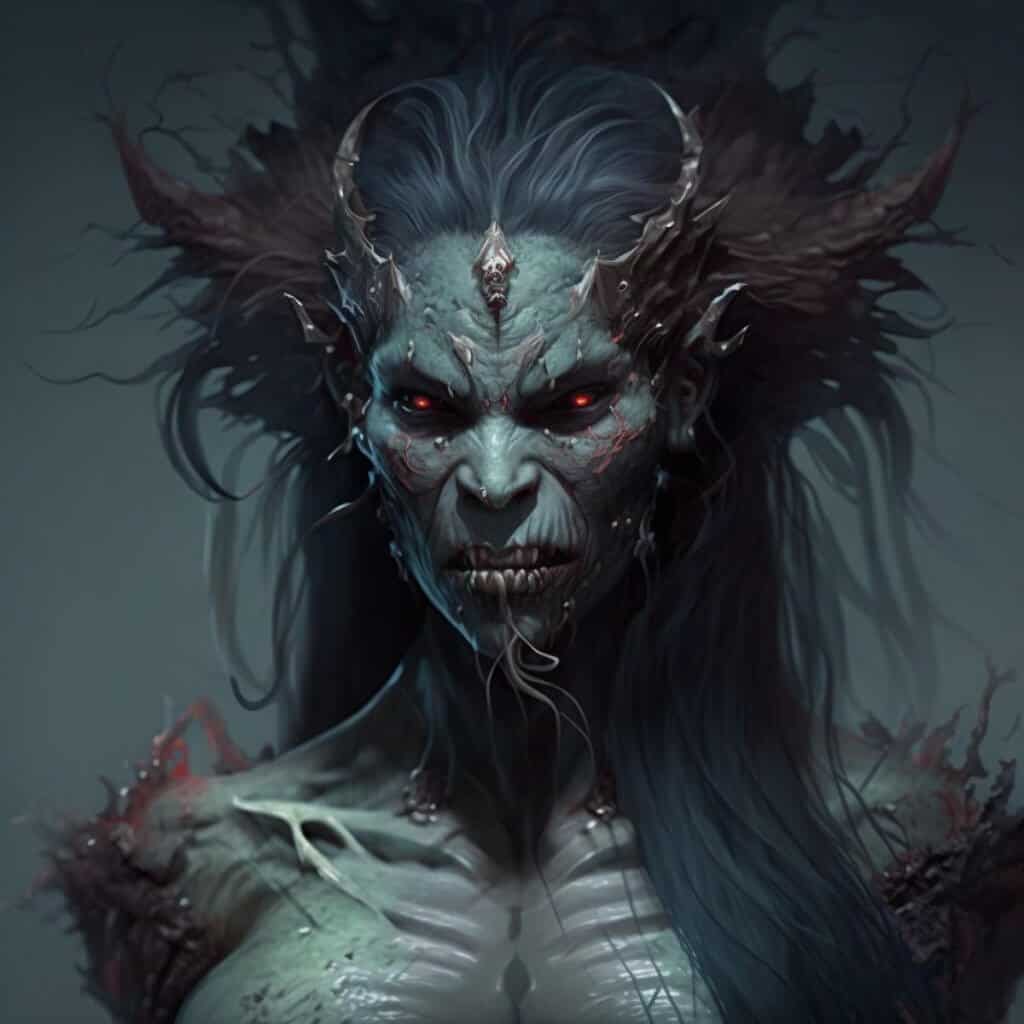 Eerie fantasy creature with glowing red eyes and intricate armor design.