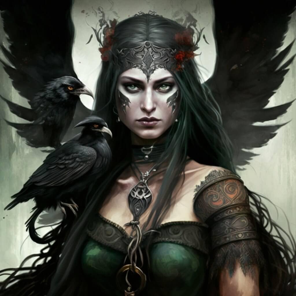 Mysterious female dark elf warrior with raven companions, fantasy art.