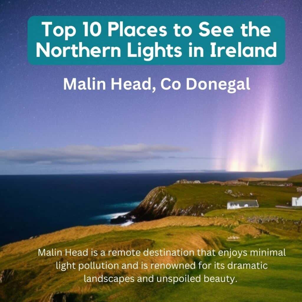 Misty northern lights over Malin Head, Ireland, showcasing natural beauty and minimal light pollution.