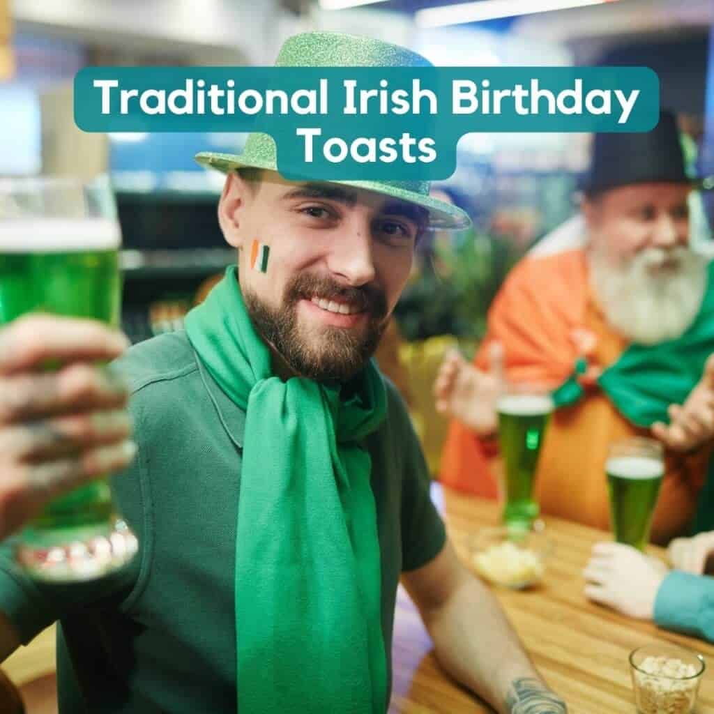 Irish man celebrating St. Patrick's Day with green drinks and traditional attire at a pub.