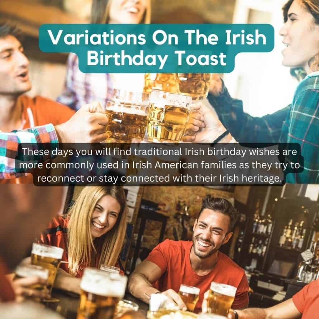 Cheerful group of friends enjoying Irish birthday toast with pints of beer indoors.