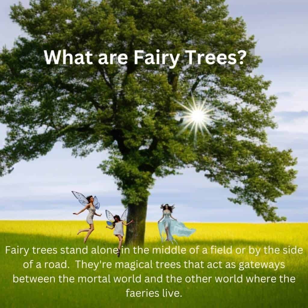 Magical fairy trees with fairy inhabitants in a lush green field in Ireland.