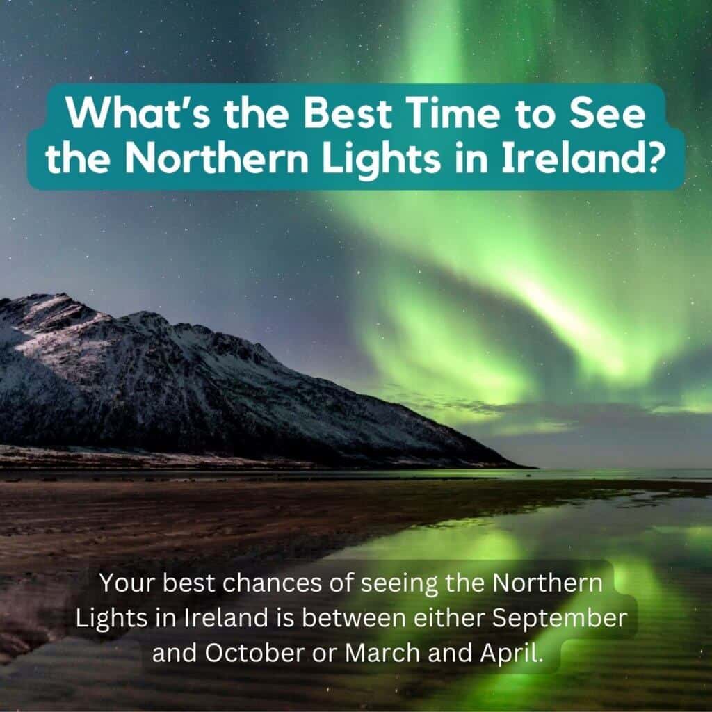 Northern Lights over a mountainous landscape in Ireland at night.