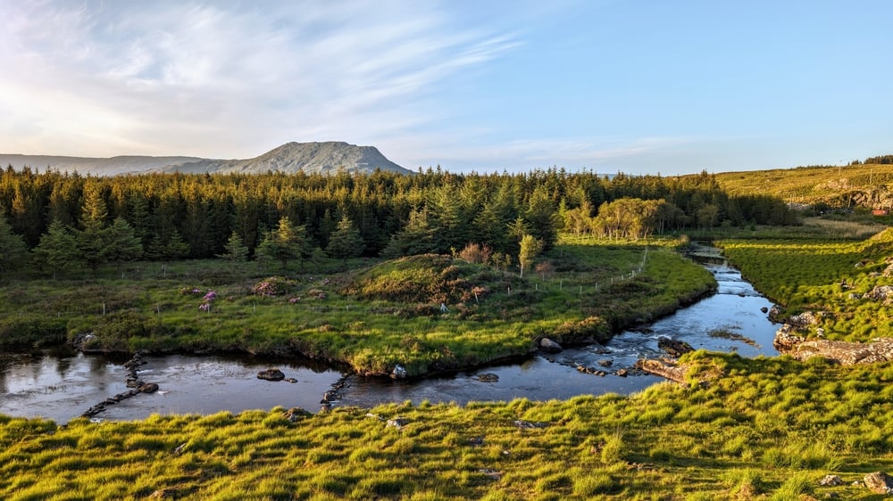 River flowing through lush green landscape in Ireland.